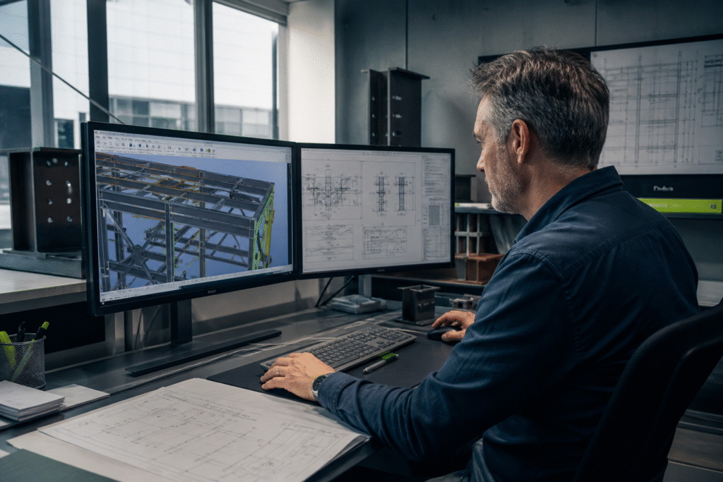 Técnico revisando un modelo de estructura metálica y planos de fabricación en oficina técnica